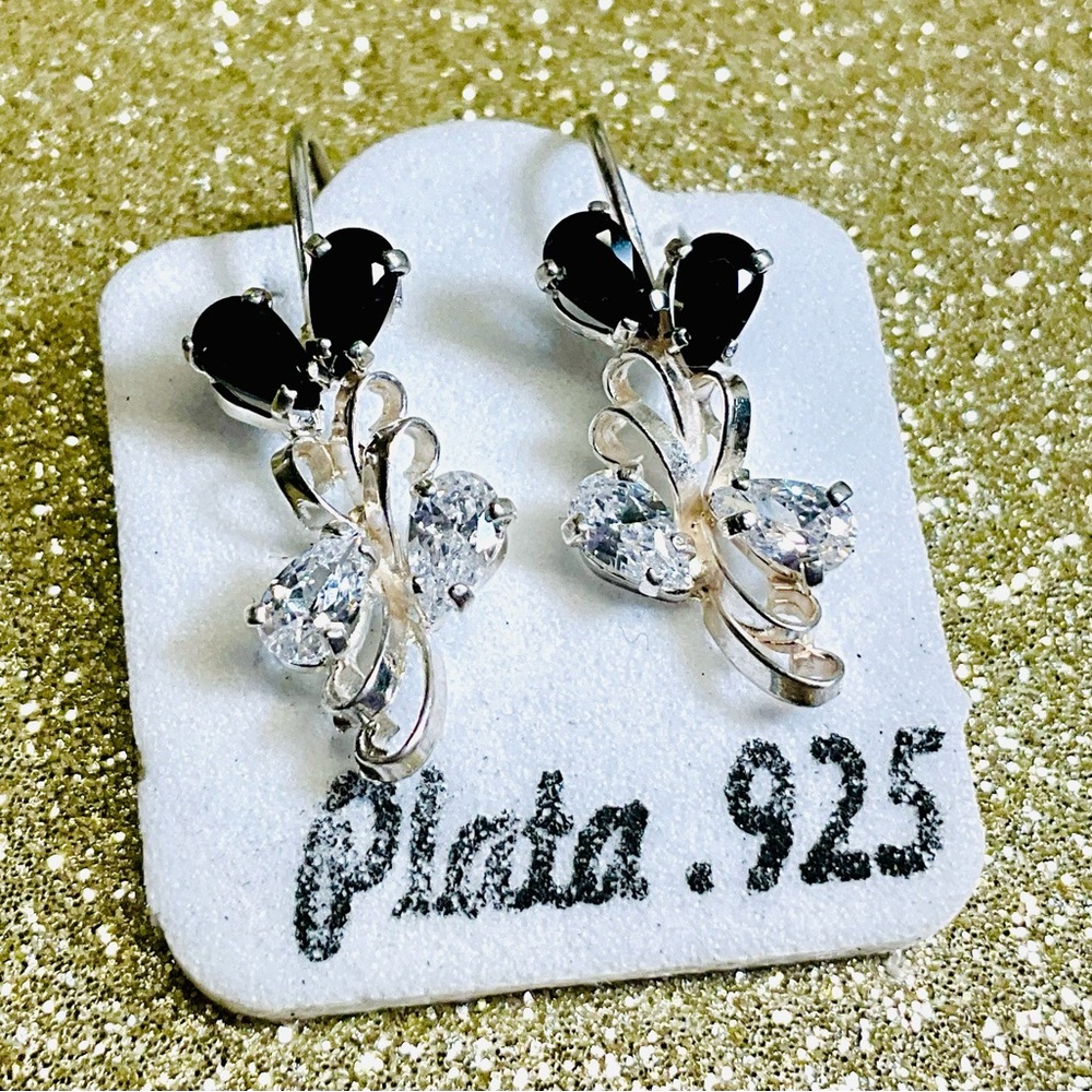 Women’s Stirling Silver Earrings Plata 925 Clear & Black Rhinestone
